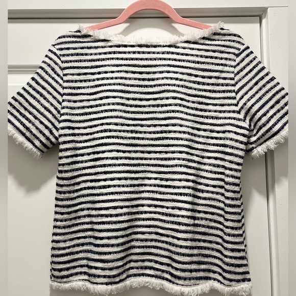 Top Crop Green Envelope White Navy Stripes Fringed Trim Woven SZ M Front Tuck - Picture 5 of 6